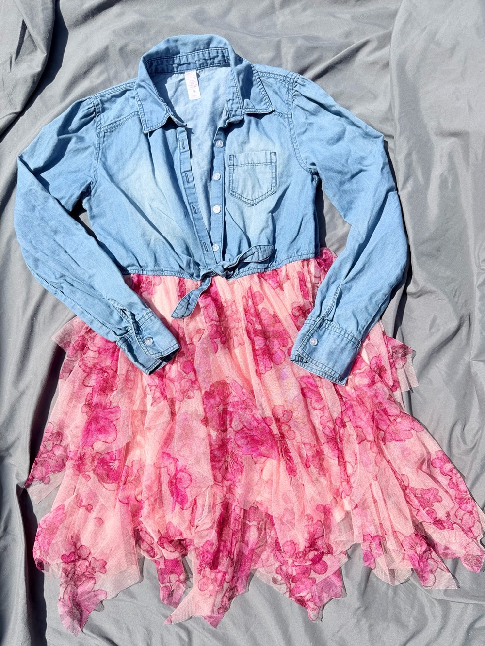 Justice Light Blue Denim Shirt with Pink Floral Tulle Skirt